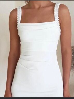 Pearl-Trim Square Neck Mini Dress in White